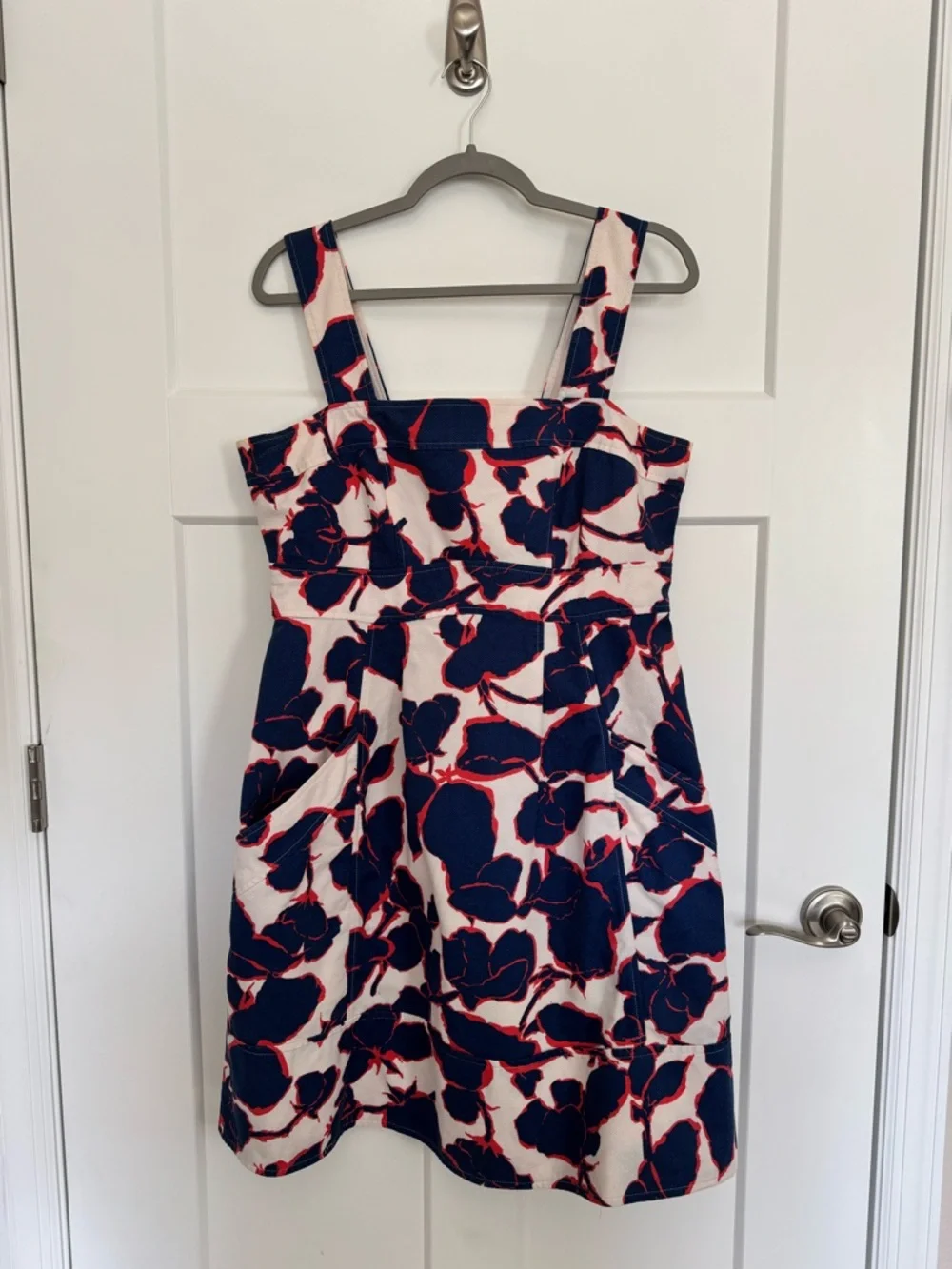 Lands' End Cream Blue Red Floral Midi Dress Cotton Canvas Wide Straps Size 12